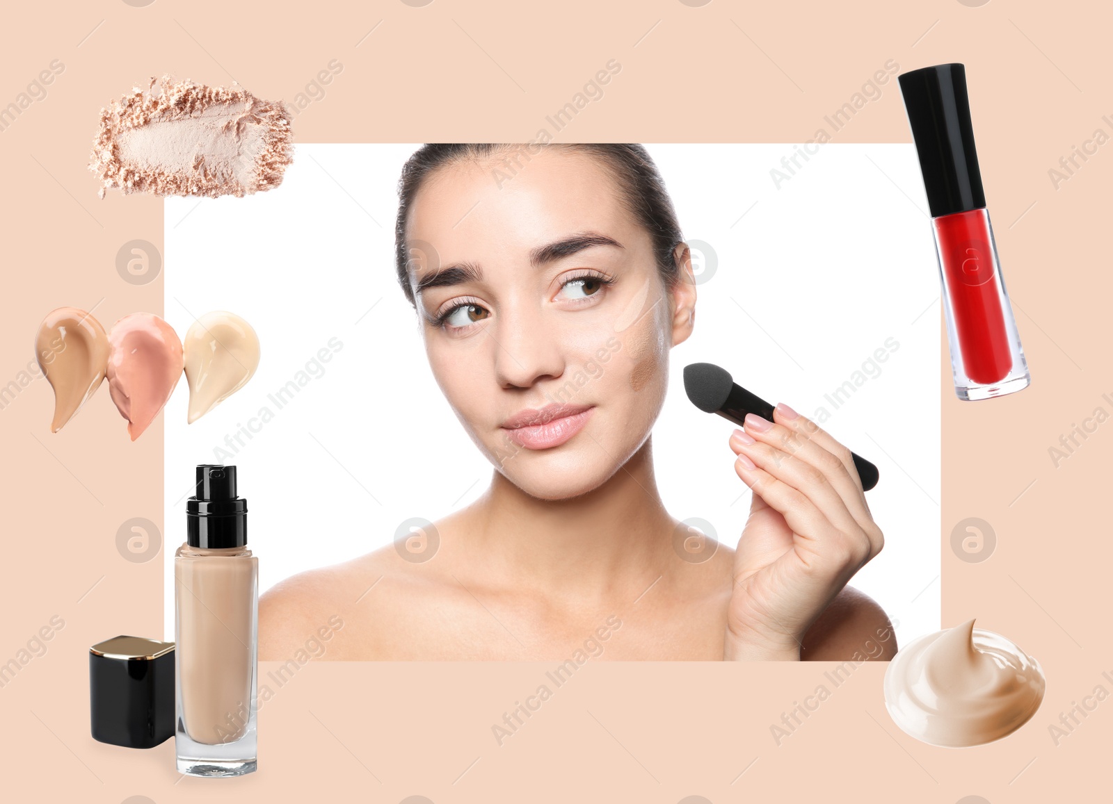 Image of Beautiful woman and professional cosmetic products on color background. Makeup artist