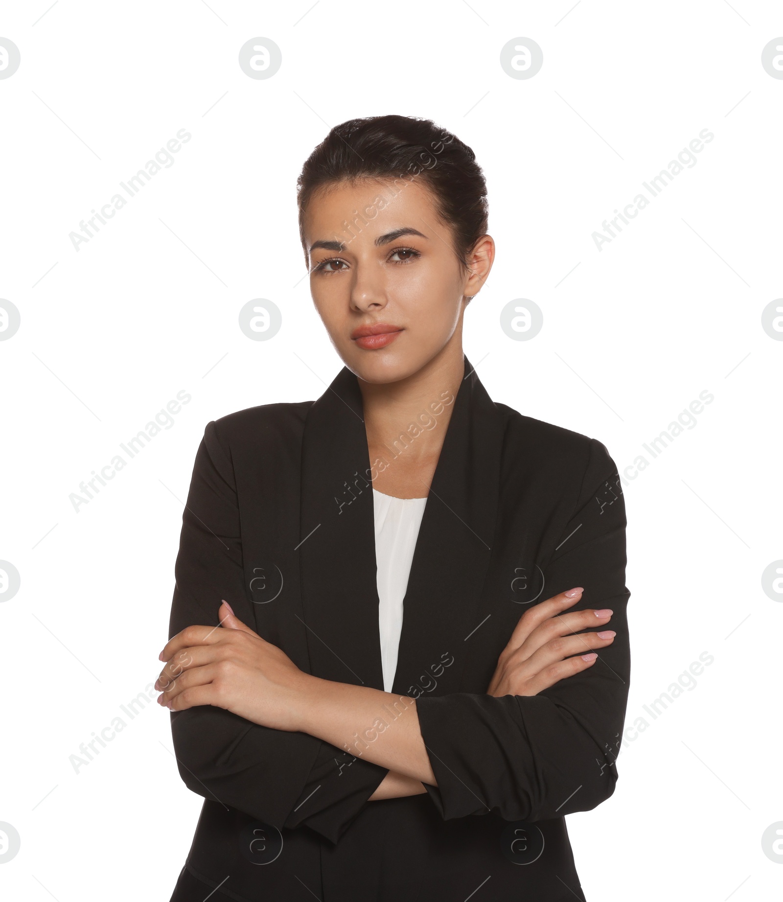 Photo of Portrait of hostess in uniform on white background