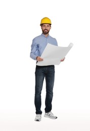 Photo of Professional engineer in hard hat with draft isolated on white