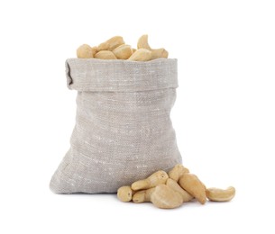 Photo of Sack and tasty organic cashew nuts isolated on white