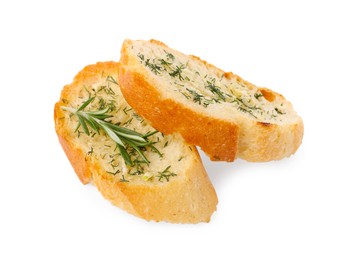 Photo of Pieces of tasty baguette with rosemary and dill isolated on white