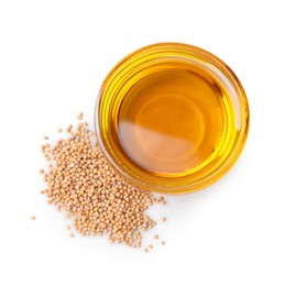 Photo of Bowl of natural oil and mustard seeds on white background, top view