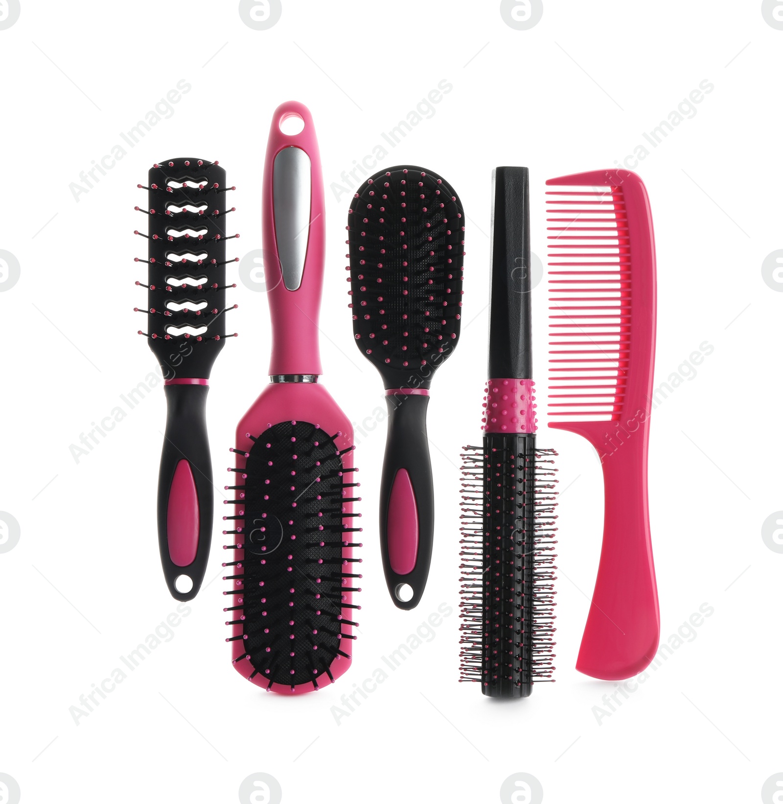 Photo of Set of professional hair brushes and comb isolated on white, top view