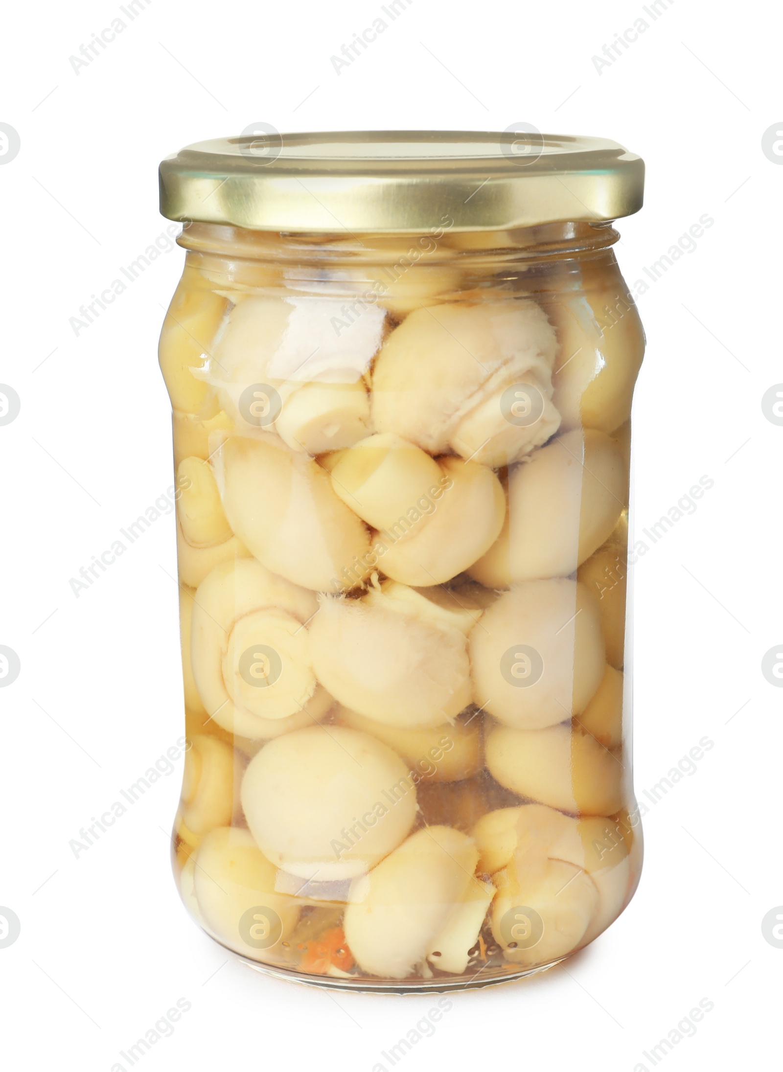 Photo of Glass jar with pickled mushrooms isolated on white