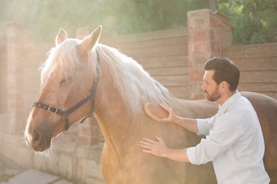 Photo of Man brushing adorable horse outdoors. Pet care