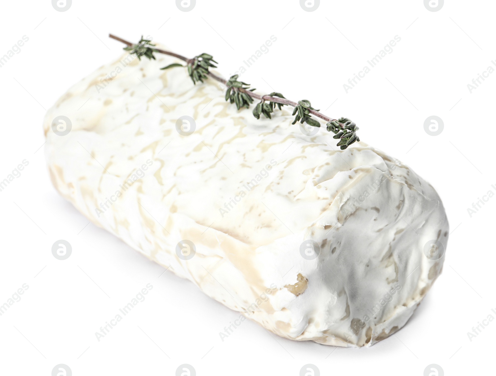 Photo of Delicious fresh goat cheese with thyme on white background