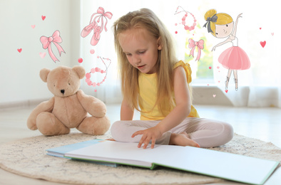 Image of Cute little girl reading book at home