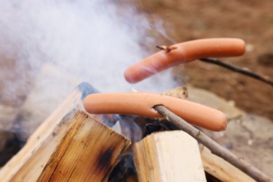 Photo of Roasting delicious sausages over campfire outdoors. Camping season