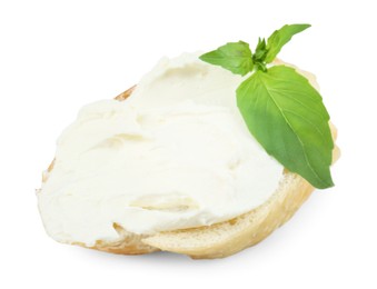 Photo of Bruschetta with cream cheese and basil leaves isolated on white