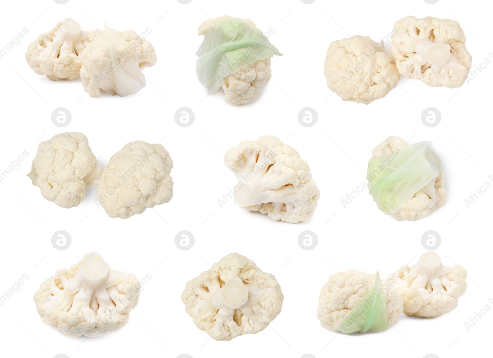 Image of Set with cut fresh cauliflowers on white background