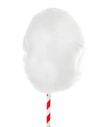 Photo of Straw with yummy cotton candy on white background