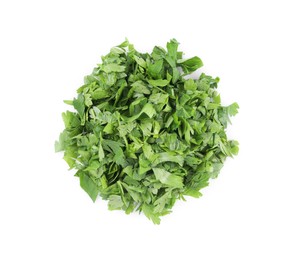 Photo of Heap of chopped parsley leaves isolated on white, top view