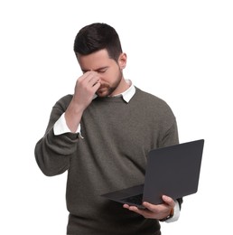 Handsome bearded businessman with laptop on white background