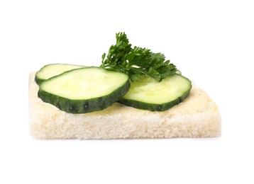 Photo of Tasty cucumber sandwich with parsley isolated on white