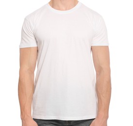 Photo of Man wearing blank t-shirt on white background, closeup. Mockup for design