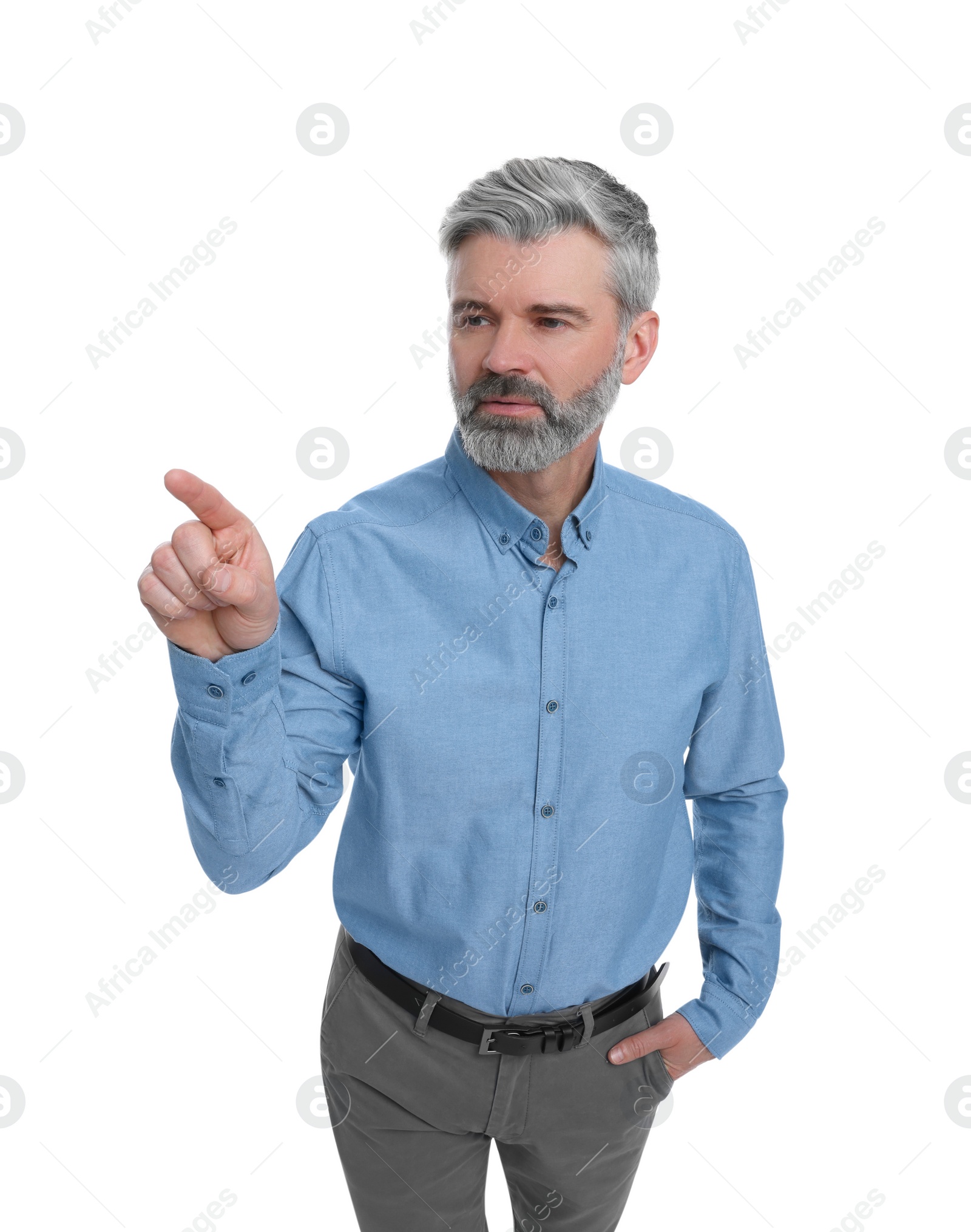 Photo of Mature businessman in stylish clothes posing on white background