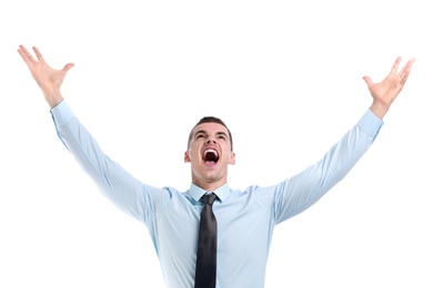 Photo of Happy businessman with hands up on white background