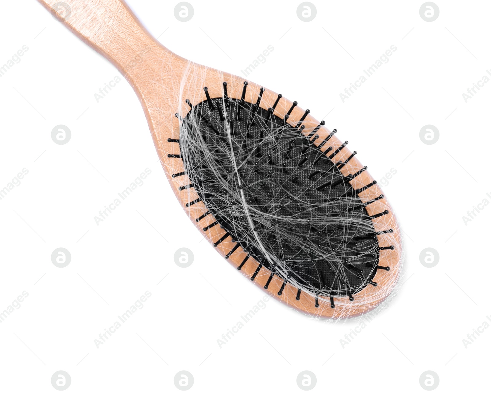 Photo of Brush with lost hair isolated on white, top view