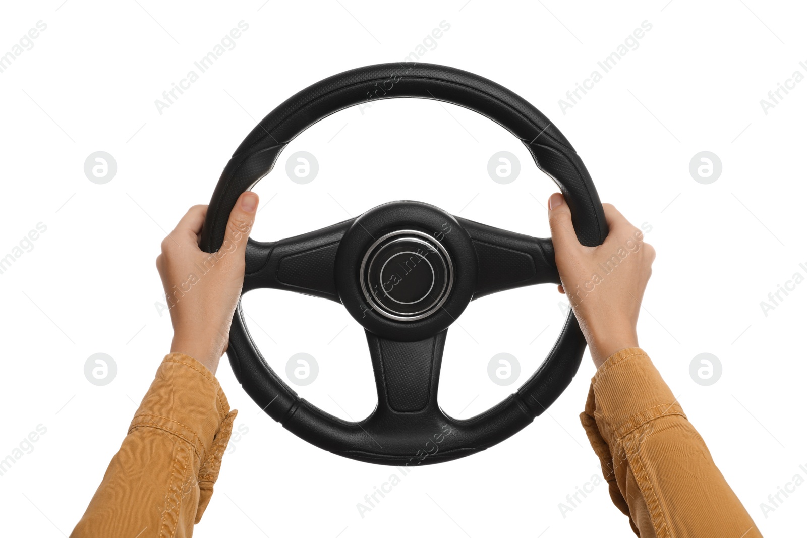 Photo of Woman with steering wheel on white background, closeup