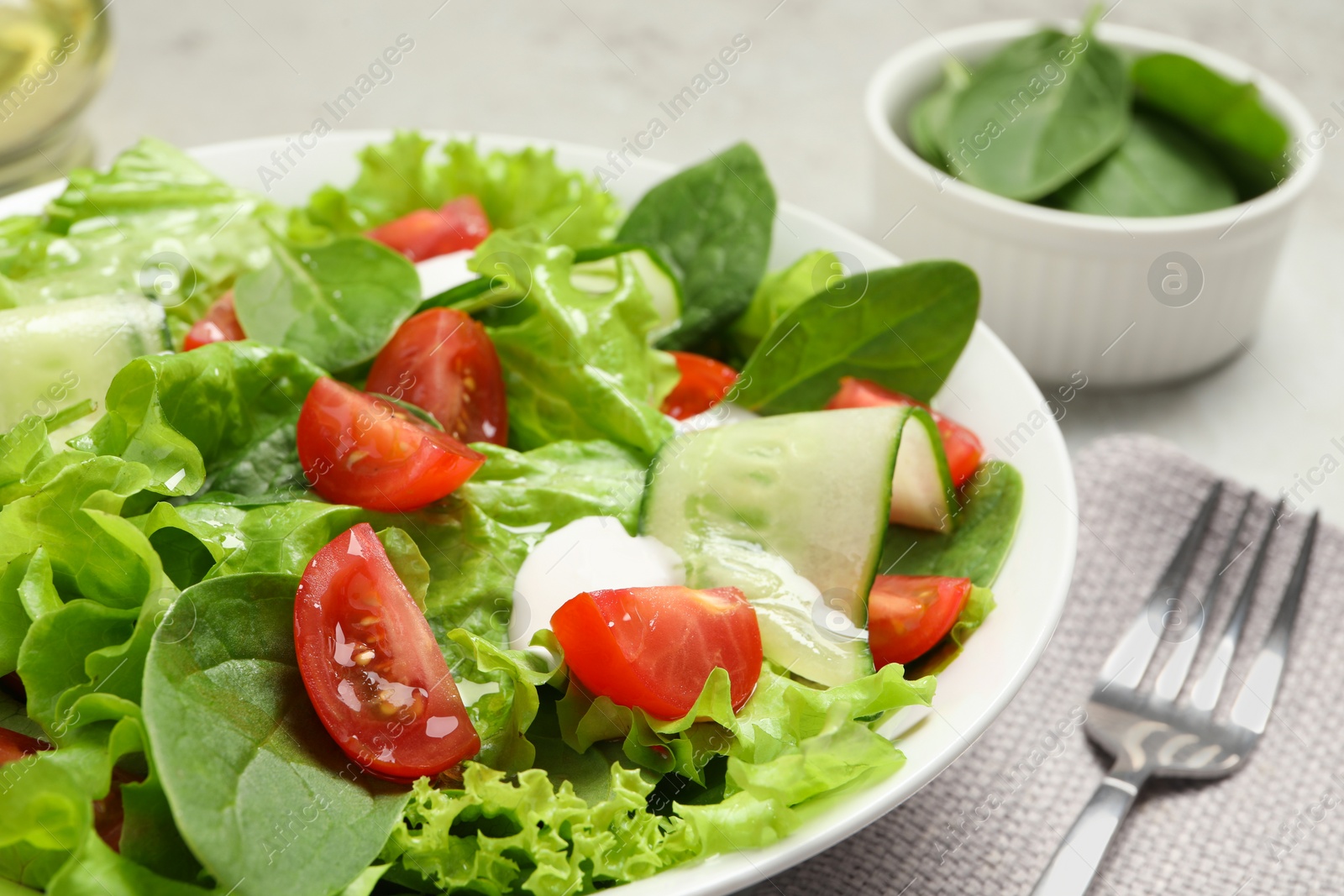 Photo of Delicious vegetable salad served on light grey table, closeup