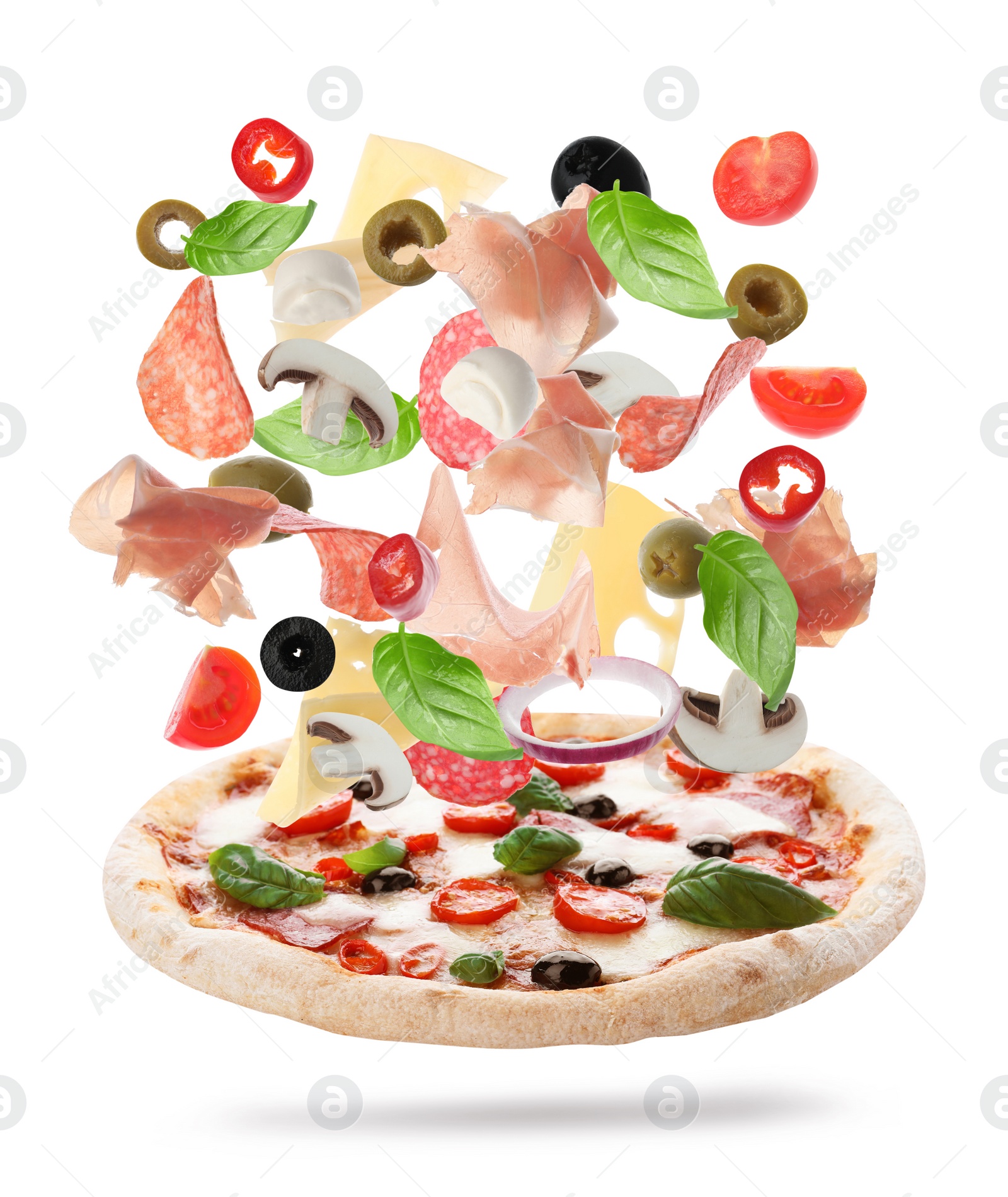 Image of Delicious pizza with flying ingredients on white background