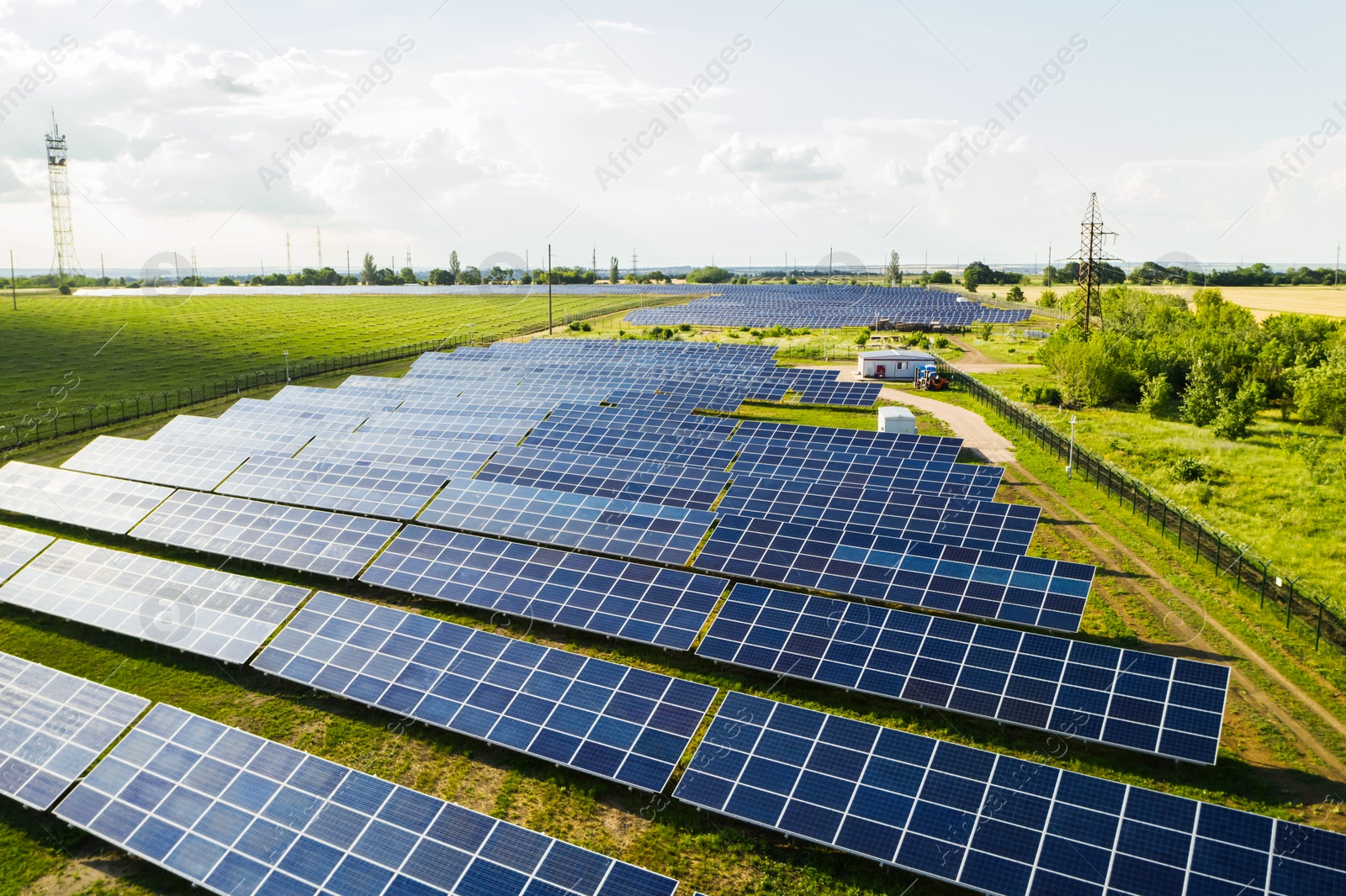 Image of Solar panels installed outdoors. Alternative energy source