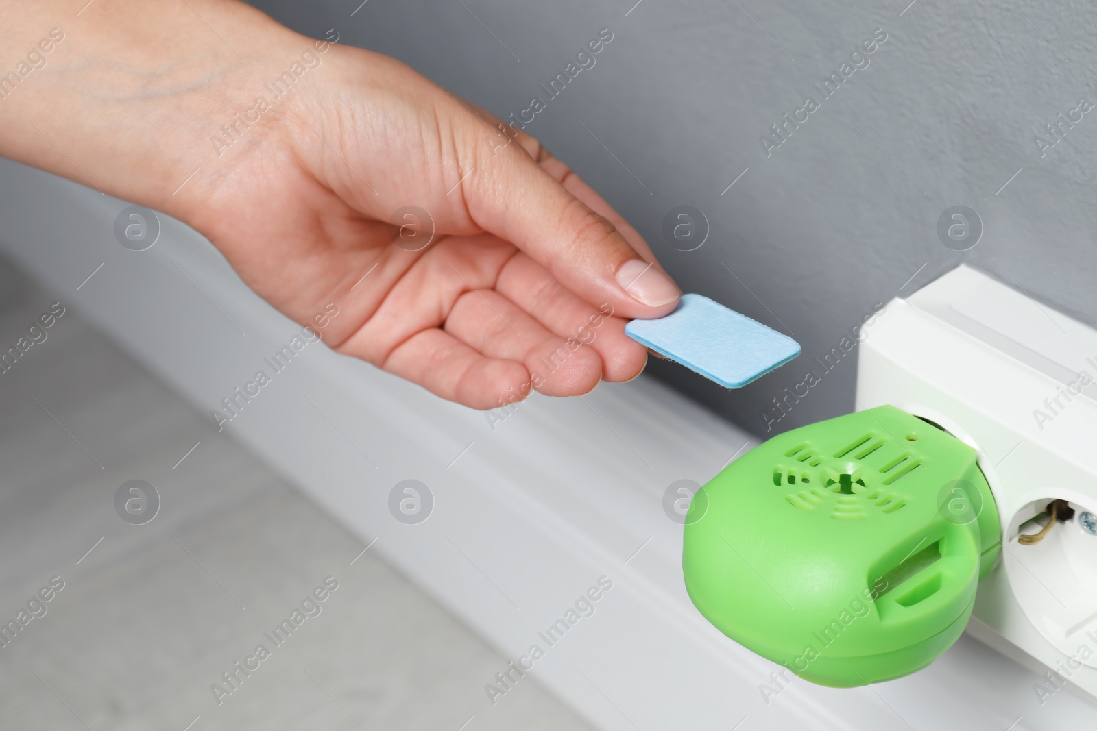 Photo of Woman putting insect repellent plate into electric mosquito device at home, closeup