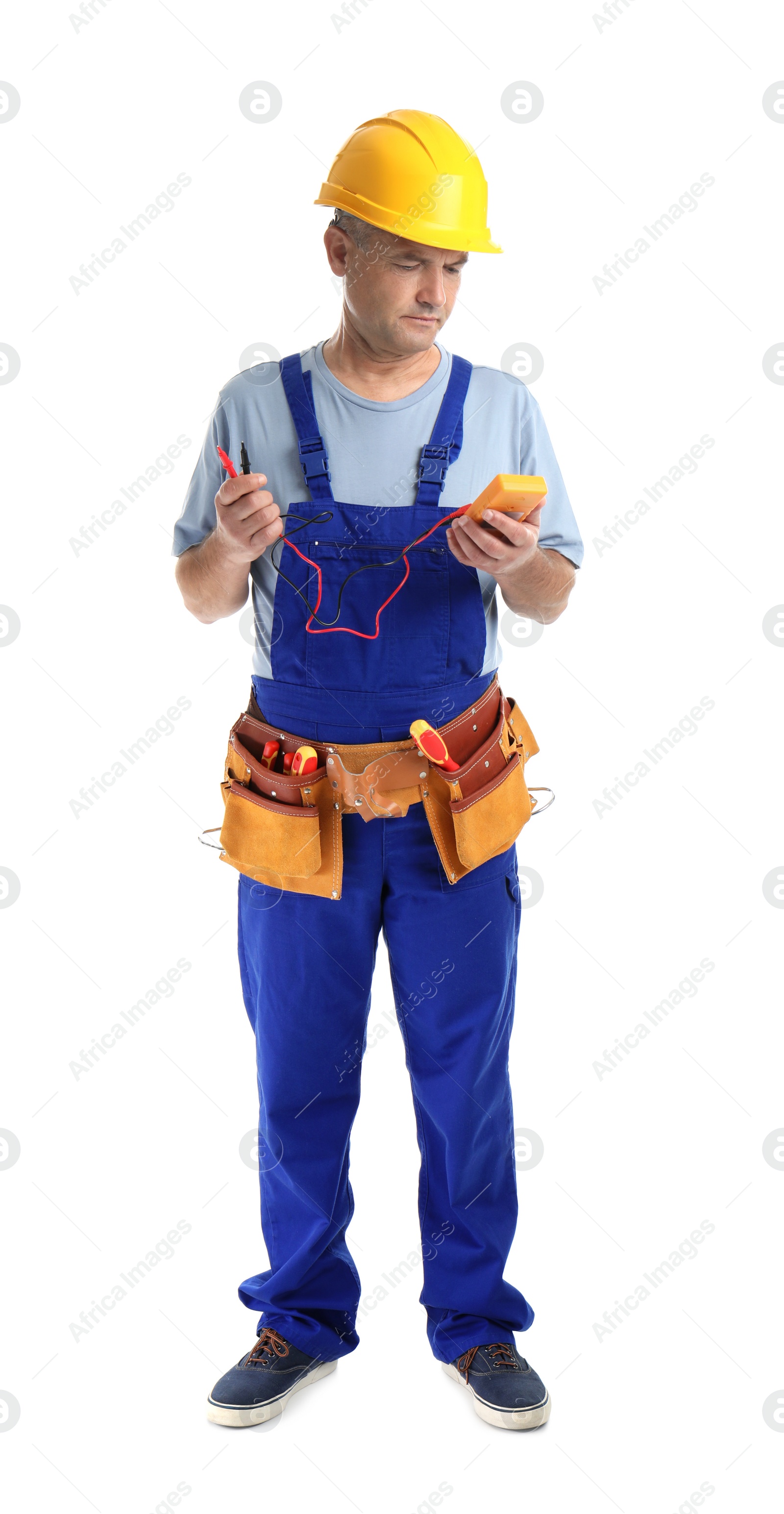 Photo of Electrician with multimeter wearing uniform on white background