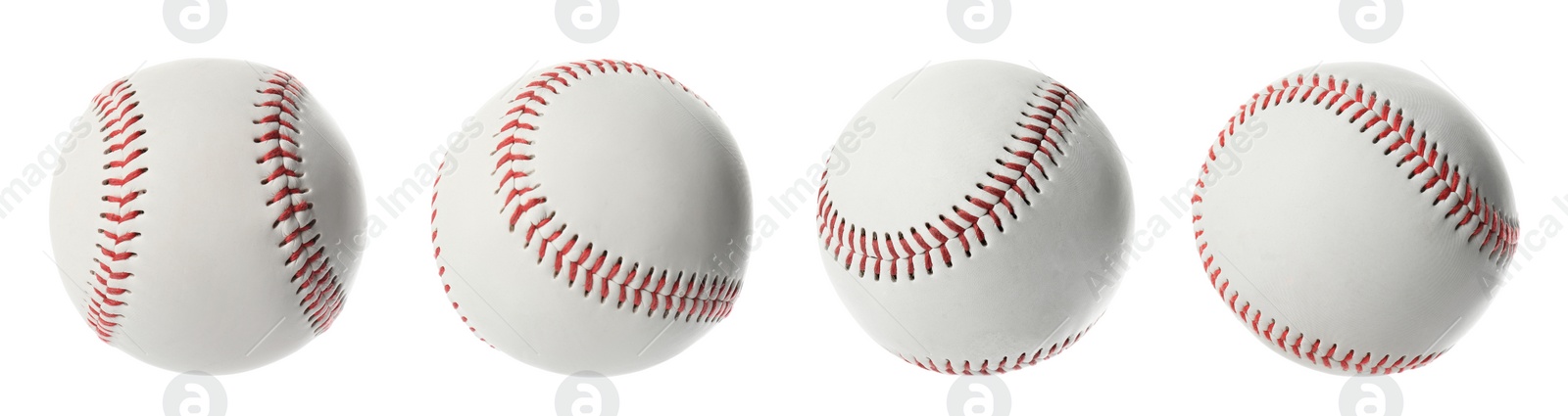 Image of Set with traditional baseball balls on white background, banner design. Sportive equipment