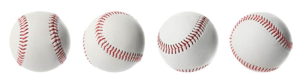 Image of Set with traditional baseball balls on white background, banner design. Sportive equipment