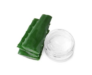 Photo of Jar of natural gel and cut aloe isolated on white, above view