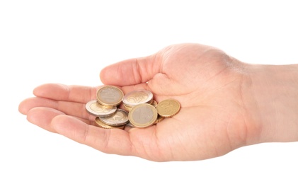 Photo of Man holding coins in hand on white background, closeup