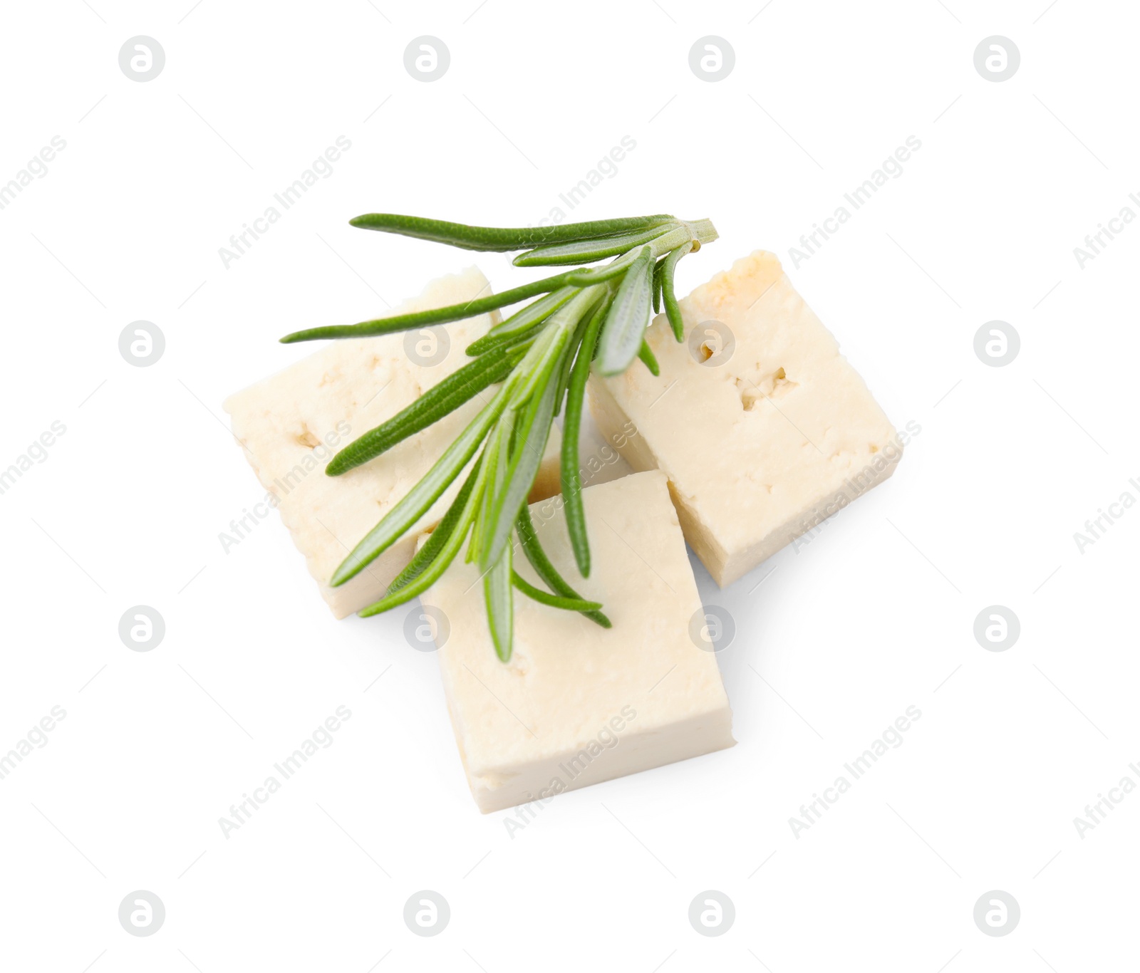 Photo of Delicious tofu cheese and rosemary isolated on white, top view