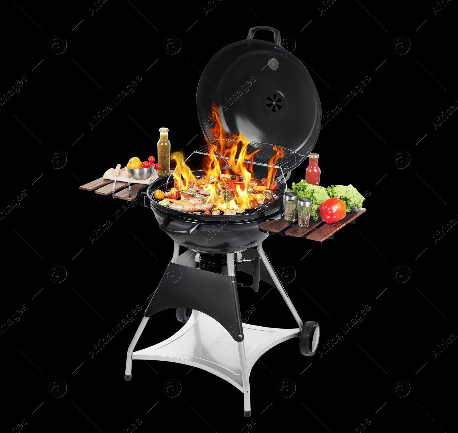 Image of Modern flaming barbecue grill with tasty food on black background