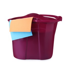 Photo of Purple bucket with rags isolated on white