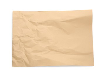 Sheet of crumpled brown paper on white background, top view