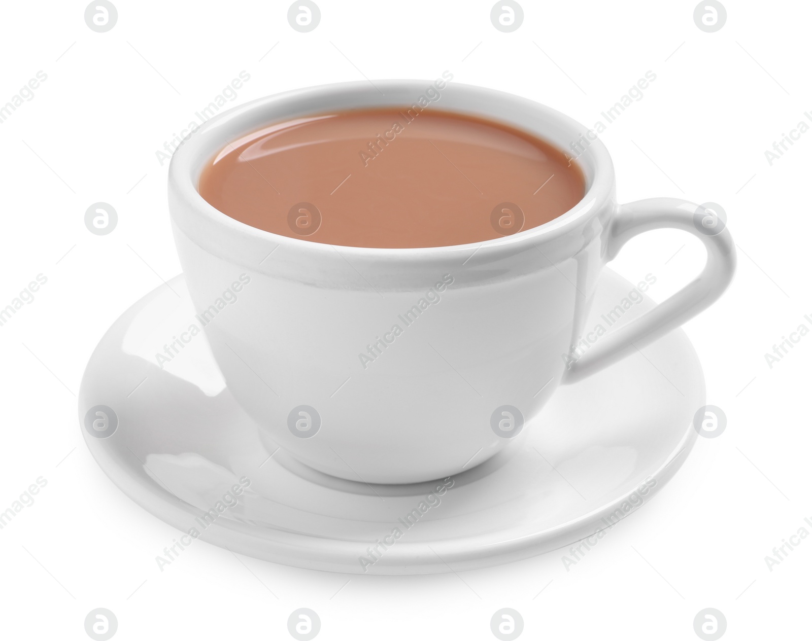 Photo of Delicious tea with milk on white background