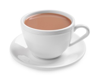 Photo of Delicious tea with milk on white background