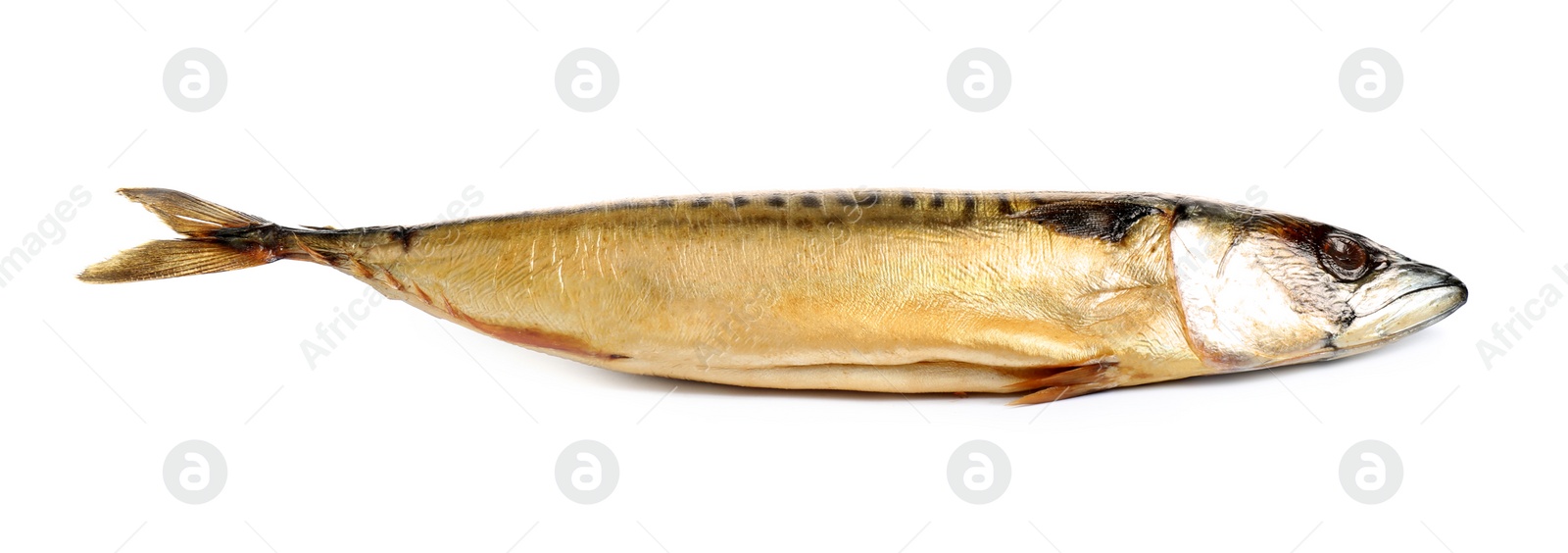 Photo of Tasty smoked mackerel fish isolated on white, top view