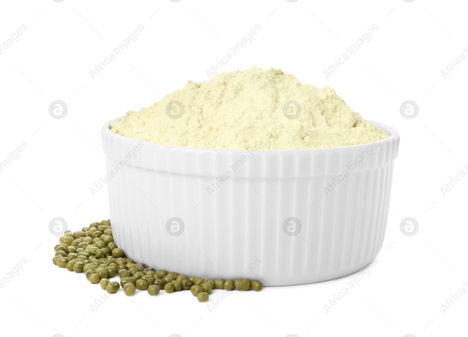 Photo of Mung bean flour in bowl and seeds isolated on white