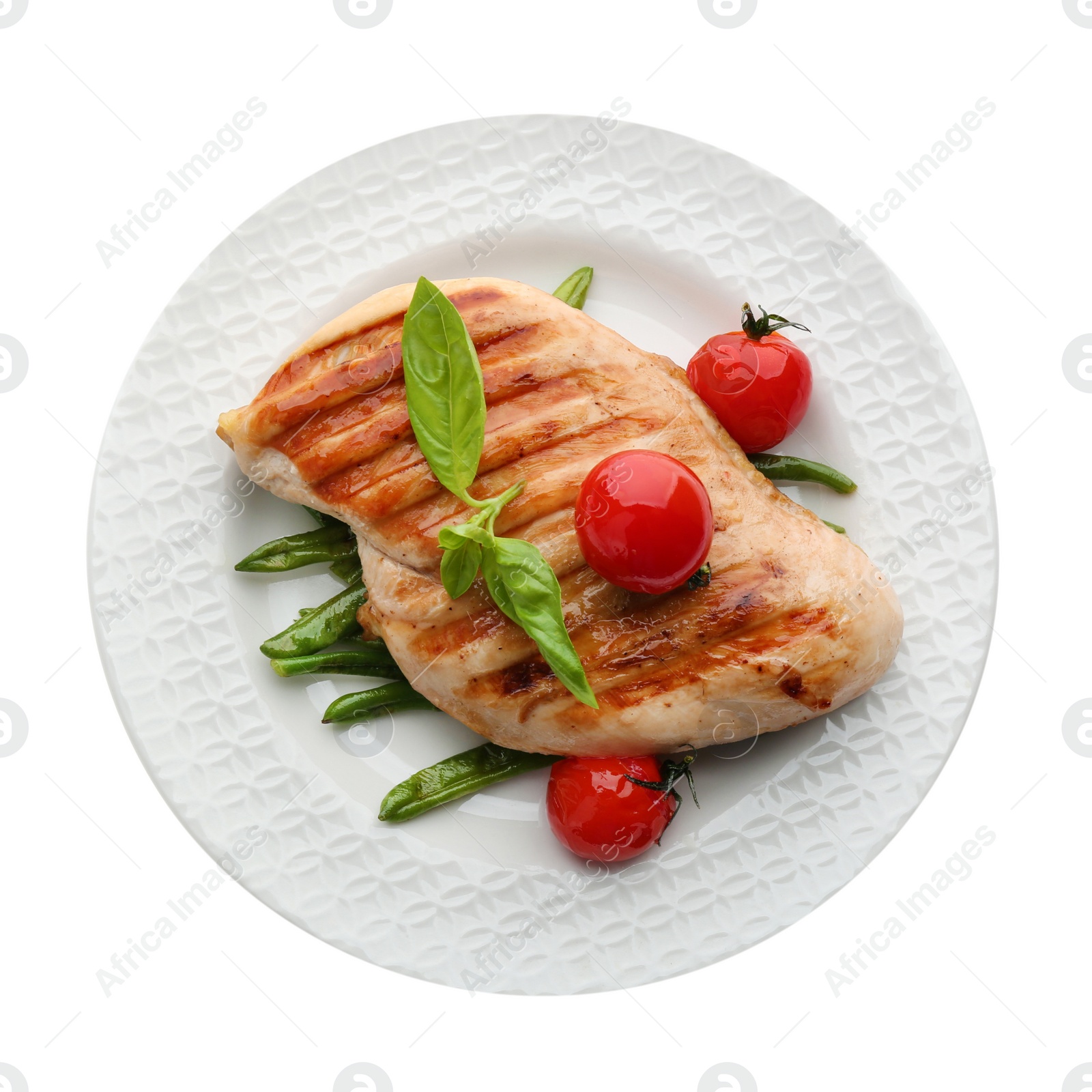 Photo of Tasty grilled chicken fillet with green basil, beans and tomatoes isolated on white, top view