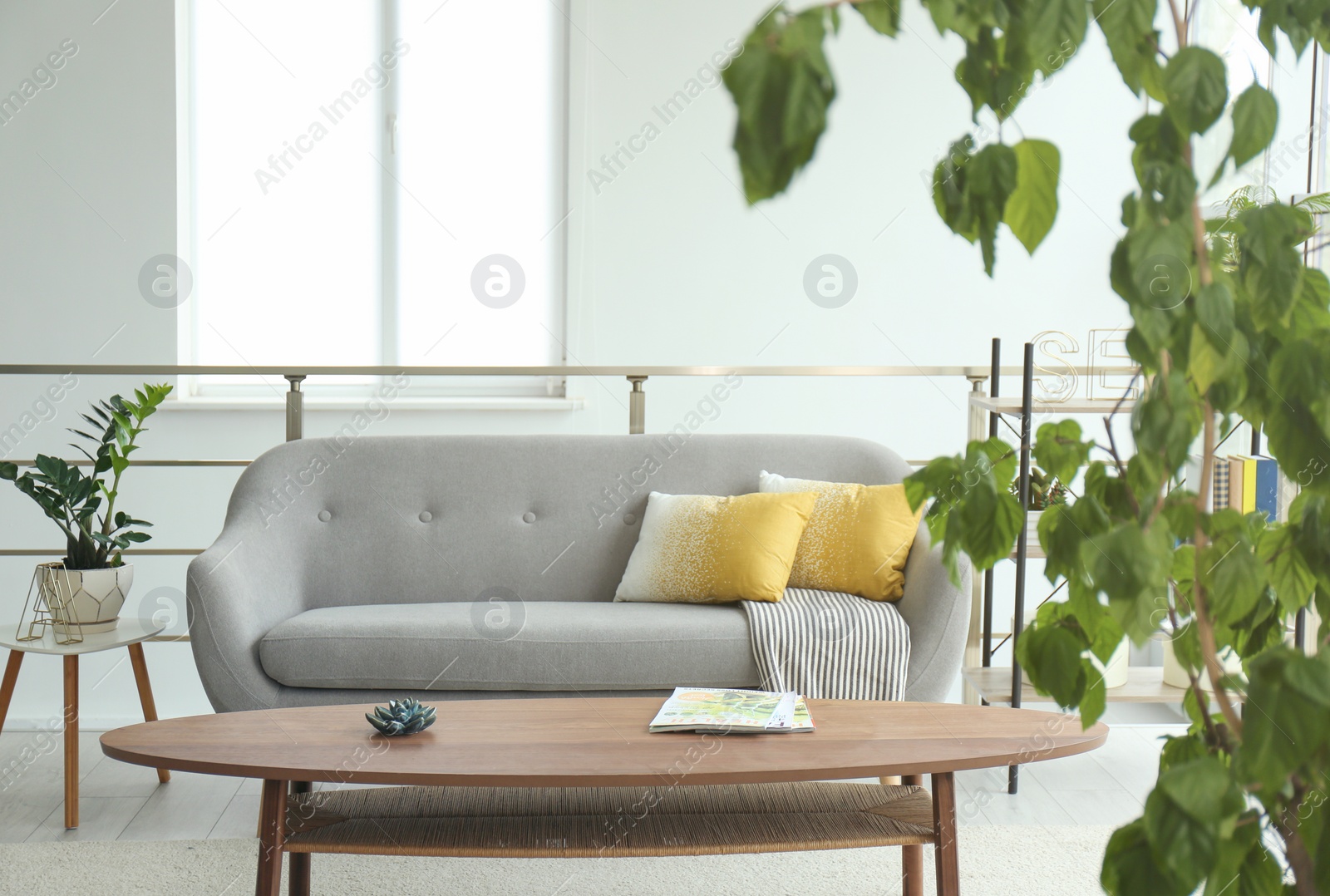 Photo of Elegant living room interior with comfortable sofa and coffee table