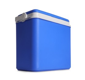 Photo of Closed blue plastic cool box isolated on white, low angle view