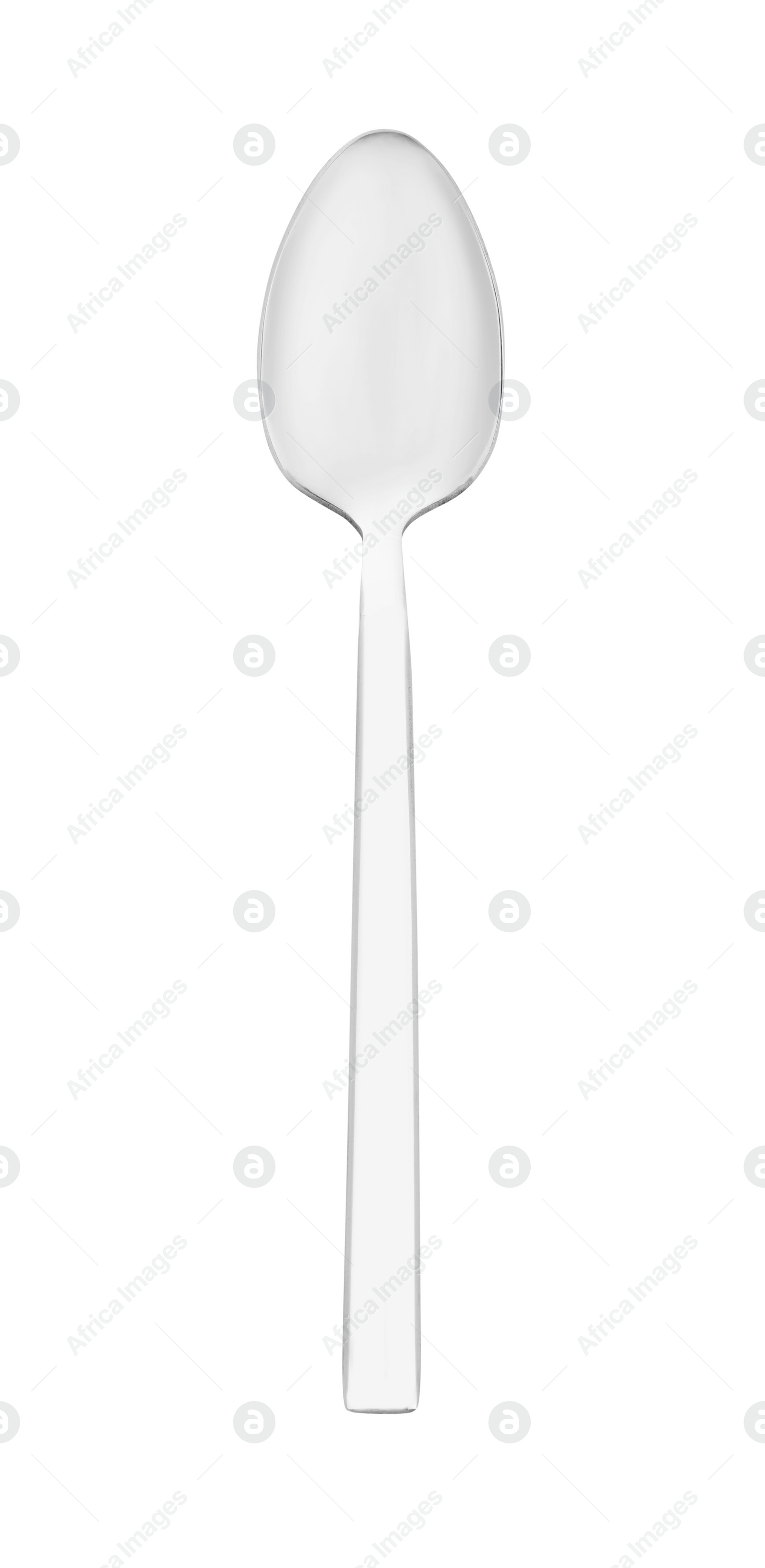 Photo of One clean shiny spoon isolated on white, top view