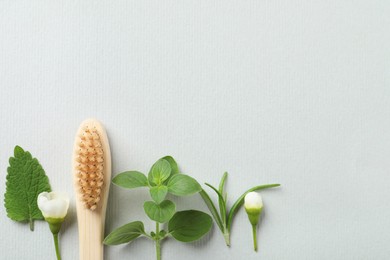 Flat lay composition with toothbrush and herbs on white background. Space for text