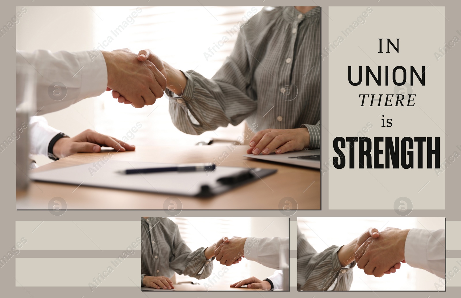 Image of Partnership, deal and agreement. Collage with photo of businesspeople shaking hands, closeup