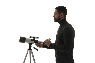 Photo of Professional astronomer with telescope on white background