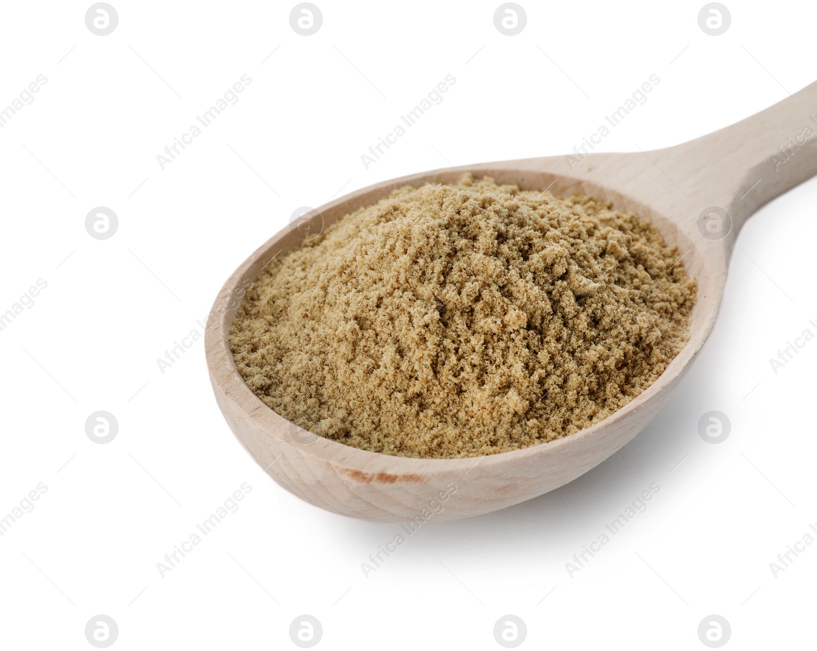 Photo of Spoon of pumpkin seed flour isolated on white