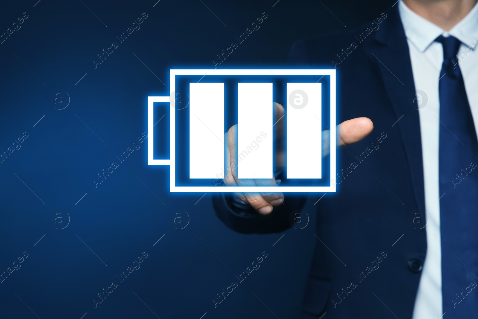 Image of Businessman demonstrating at icon of full battery on color background, closeup