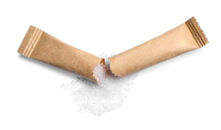 Photo of Torn beige stick of sugar on white background, top view